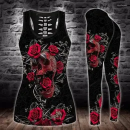 Calças femininas de duas peças Rose Flower Skull 3D Impresso Tank Top Legging Combo Outfit Yoga Fitness Mulheres