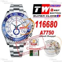 44mm 116680-0001 A7750 Cronógrafo Automático Mens Watch TWF Moldura de cerâmica azul Mostrador branco Pulseira de aço 904L Super Edição Cartão da mesma série Puretimewatch Reloj