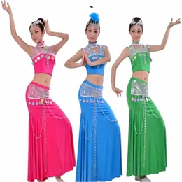 Новый национальный танец с блестками «рыбий хвост», современный танец живота, танцевальная одежда с павлином, 06UV #