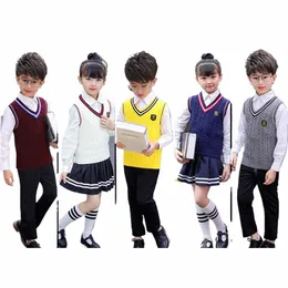 Kinder Schuluniform Autmun Winter V-ausschnitt Pullover Jungen Mädchen Chor Klasse Tragen 100% Cott Warme Koreanische Britischen Stil Weste 16Jr #