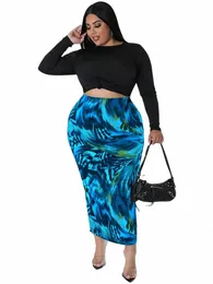 Perl Plus Size Saias Define Mulheres 2 Piece Outfits Crop Top T Shirt Lg Manga Impressão Saia Matching Suit Atacado Dropship w6Su #