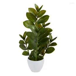 Fiori decorativi 22" Pianta artificiale Zamioculcas in fioriera bianca verde