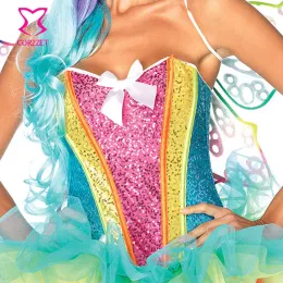 Camis Rainbow Squin Overbust Corset Top Bustier Mujer Women Burlesque Rave의 옷 섹시한 코르셋 Espartilho Unicorn Costume Corselet