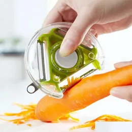 Fruktgrönsaksverktyg Tre-i-ett Mtifunktionellt rostfritt stål Portable Rotary Round Peeling Knifato Peeler Kök Tillbehör OT6JD