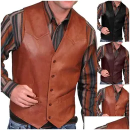 Herrenwesten Männer Lederjacke Weste Vintage Cowboy Weste Herbst ärmellose einfarbige Faux Mode Plus Sizemens Drop Lieferung AP Dhg9B