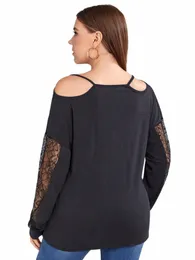 plus Size Lg Sleeve Spring Summer Fi Elegant T-shirt Women Cold Shoulder Lace Patchwork Blouse Top Big Size Clothing 4XL c89S#