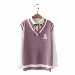 Maglione lavorato a maglia giapponese Kawaii da donna Pull Vintage Teen Girl School Uniform Vest Cute Carto Bear Ricamo Sleevel Jumper r5U7 #