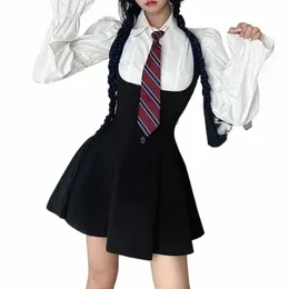Стиль колледжа Preppy Style American Spicy Girls JK Uniform Dr Suit Черный летний тонкий комплект униформы Белая рубашка с рукавами епископа b8mR#