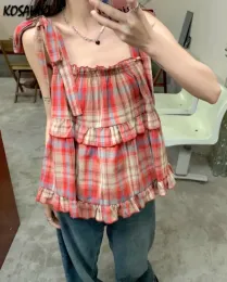 Vintage Square Kragen süße Plaidtanks Frauen Sommer lässig Bogen Verband Verband Tankte Japanisch Kawaii Fairy Camisoles Y2K -Ästhetik