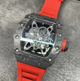 Роскошные дизайнерские мужские часы со скелетом из углеродного волокна, красный резиновый ремешок, механические с автоподзаводом, скользящие гладкие подержанные наручные часы1812526