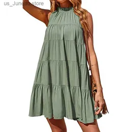 Podstawowe sukienki swobodne Jocoo JOL Causual Sliveless Ruffles Mini Kobiet Dress Boho Solid O Neck Beach Sundress Oversized Loose Sukienka 2024 Summer T240330