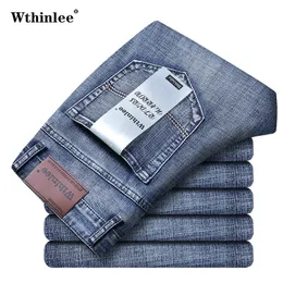 Calças de brim dos homens de negócios casual estiramento reto moda clássico azul trabalho denim calças masculino wthinlee marca roupas tamanho 2840 240318