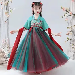 Dziewczyna sukienki Dziewczyny Hanfu Tang Szyfon na lato 2024 w stylu chińskim w szyku w szyku w szyku w szyku haft haftowy Patchwork Starożytny kostium