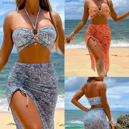 Women's Swimwear Womens Swimming Suit Outlet Elegant Beach Outfits Swimsuit Bathing Mayo Sexy Three Piece Printed Yarn Skirt Hanging Neck yq240330