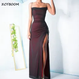 Vestido de espaguete vermelho escuro Tulle Tulle Mermaid Prom VoD 2023 Sexy High Shop Slit Cocktail Festy Floor Dresses para mulheres