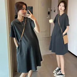 Korean Style Plus Size Pregnant Woman Clothes Solid Color Short Sleeve Loose Casual ONeck Maternity Cotton Shirts Mini Dresses 240326