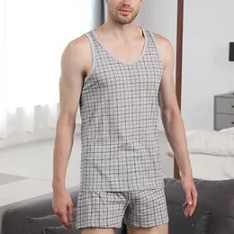 Hemkläder Kläder Mens Pyjamas Set Loungewear Nightwear Plaid Shirt Shorts Sleepwear Sleeveless Summer Tank Top Man