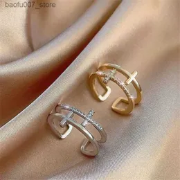 حلقات الفرقة 925 Sterling Silver Gold Double Cross Zircon Ring مناسبة للنساء جودة فاخرة خمر المجوهرات هدية مجانية التوصيل المجاني للنساء 240330