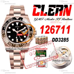 Rootbeer 126711 DD3285 Relógio masculino automático limpo CF rosa ouro marrom moldura de cerâmica mostrador preto pulseira de aço 904L Super Edition mesmo cartão serial Puretime Reloj