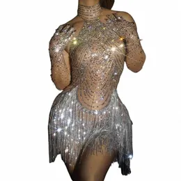 Shining Rhineste Tassel Dance Costume Sexiga kvinnor Elastiskt nät Net Perspektiv Crystal Dr Singer Dancer Stage Wear Outfit 60nb#