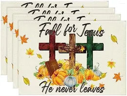 Tischsets „Fall For Jesus He Never Leaves“-Tischsets, 4er-Set, 30,5 x 45,7 cm, Kürbisse, saisonale Herbstparty, Küche, Esszimmer, Dekoration