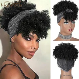 Wigs MONIXI Synthetic Curly Headband Wigs Short Black Kinky Curly Wig with Bangs Afro Puff Wigs for Women Head Wrap Wig