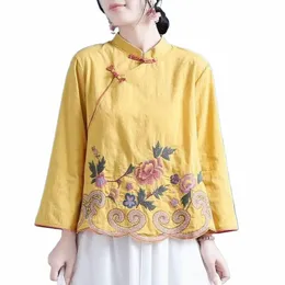 Camicie di lino Cott ricamate in stile cinese Primavera Estate Retro Butted Lg-maniche lunghe Colletto alla coreana Abbigliamento Top larghi s7tU #