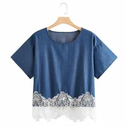 plus Size Casual Denim Tops Women 5XL 6XL 7XL Lace Patchwork Short Sleeve Summer Spring Cott T-shirt Ladies Large Size Tee 8XL Q2KU#