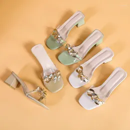 Slippers Summer Fashion PVC Square Cyel Gold Chain Peep Toe Women Women Shoes Zapatillas Casa Mujer Sapatos Femininos