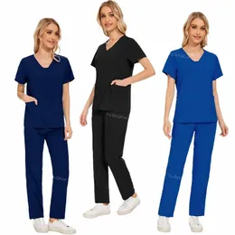 Accories médicos sala de operação uniforme médico esfrega conjunto das mulheres enfermeira calças superiores estiramento workwear médico enfermeira esfrega uniformes p8zQ #