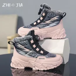 Winter High Top Rotary Buckle Plush Shoes Childrens Anti Slip Durable Snow Boots Boys and Girls Fashion Casual Warm 240321