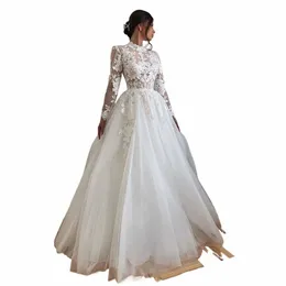 Vintage Israel Wedding Dres 2024 A Line Princr LG Sleeve Appliques 3D Lace Bride Dr High Seckie Suknie dla kobiet N6KF#