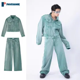 Мужской джинсовый комплект Hop Hip Varsity High Street Fashion, осеннее ковбойское пальто, джинсовые комплекты из двух предметов, корейский унисекс Y2K, весенний костюм Harajuku 240321