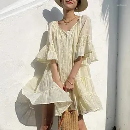 Sıradan Elbiseler Ruffles Sleve A-line Losse Kısa Kadın Tassel Sashes Vintage Soild Boho Mini Yaz Elbise Partisi Vestidos Tatil