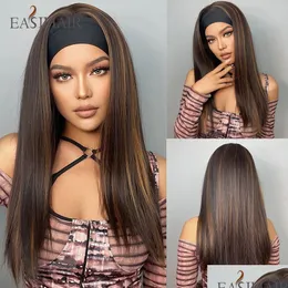 Sentetik peruklar easihair kahverengi karışık altın kafa bandı uzun düz saç peruk siyah kadınlar için günlük cosplay ısıya dayanıklı damla teslimat OTD9C