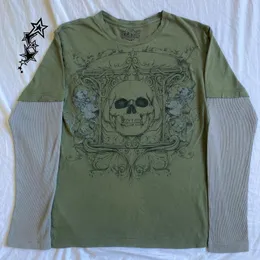 Vintage Skull Cross Print Long Sleeve Crop Top Y2K Graphic T