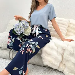 Summer Pajamas Set Women Comfortable Cotton Viscose Contrasting Color Short Sleeve Tops with Long Trousers Ladies Pj 240326