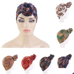 Beanie/Skull Caps African Print Muslim Women Twist Knot Turban Beanie Cap Head Wrap Long Stretch Hijab Femme Scarf Turbante Dhgarden Dhsni