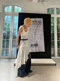 Arbetsklänningar Kvinna Tank Top Camisole Halter Outfits Chiffon 2 Piece GASE PLECTED O-Neck A-Line Patchwork Midi Fashion Kirt Design Set