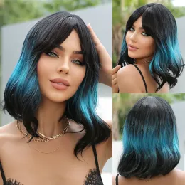 Wigs CRAFTOURIST Short Curly Ombre Blue Bobo Synthetic Party Cosplay Wigs for Women Natural Heat Resistant Hair with Bangs for Girl