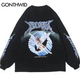 T-Shirts Gonthwid Creative 3D Angel Print Langarm Tees Shirts Streetwear Hip Hop Hipster Casual Lose T-Shirts Männer Mode Tops