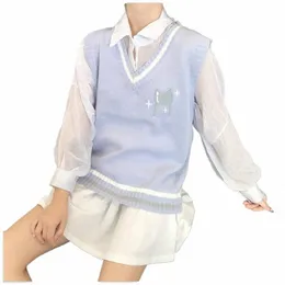 Blue Japanese Girl's Sticke Vest Cute Versatile Sweater School Uniform Cardigans JK Uniform broderi tröja G7XC#