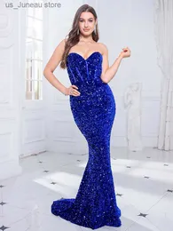 Basic Casual Dresses Royal Blue Padded Strapless Boning Corset Bodice Stretch Sequin Prom Dress Slveless Mermaid Floor Length Evening Party Dress T240330