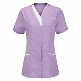 ممرضة موحدة النساء قصير الأكمام الخامس-الرقبة أعلى موحد الجيب الصلبة بلوزة السريرية الزي الرسمي السيدات الطبية الزي الموحد 25ii#