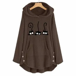 Plus Size Womens Fleece Cat Ricamo Plus Size Felpa con cappuccio calda Top Butt Maglione Camicetta New Fi Abbigliamento semplice e versatile u2rD #