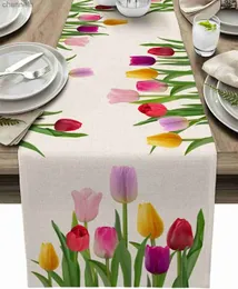 Runner da tavolo Primavera Tulipano Fiore Floreale Nero Bianco Plaid Comò in lino Sciarpa Decor Vacanza Cena Festa di nozze yq240330