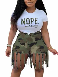 lw Plus Size Shorts Set Camo Tassel Y2k Graphics Top Shorts Set Femme Short Sleeve Two Pieces Set Casual women's Macthing Outfit n1Gt#