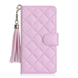 iPhone 15 Designer Flip Wallet Phone Case for Apple 14 13 12 Luxury Pebbled PU Lambskin Leather Diamond Pattern Tassel Pendant Card Holder Pocket Back Cover Coque Pink