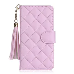 Custodia per telefono a portafoglio con vibrazione di design per iPhone 15 per Apple 14 13 12 Custodia di lusso in pelle di agnello PU con motivo a rombi in pelle di agnello con nappa Porta carte Tasca Cover posteriore Coque Rosa