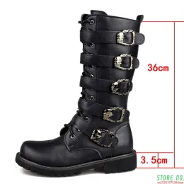 Stiefel Herren Leder Motorradstiefel Midcalf Militär Kampfstiefel Gothic Gürtel Totenkopf Punk Stiefel Herren Schuhe Taktische Armeestiefel Warm46